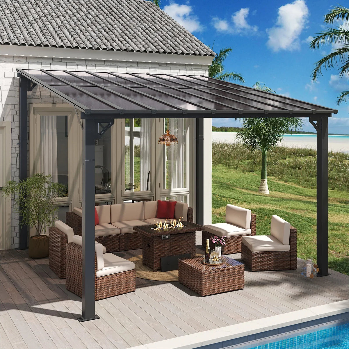 Aoxun 8' x 5' Gazebo for Patio, Gazebo Pergola with Sloped Roof, Grill Gazebo Large Wall-Mounted Heavy Duty Awnings, for Backyard, Deck, Patio