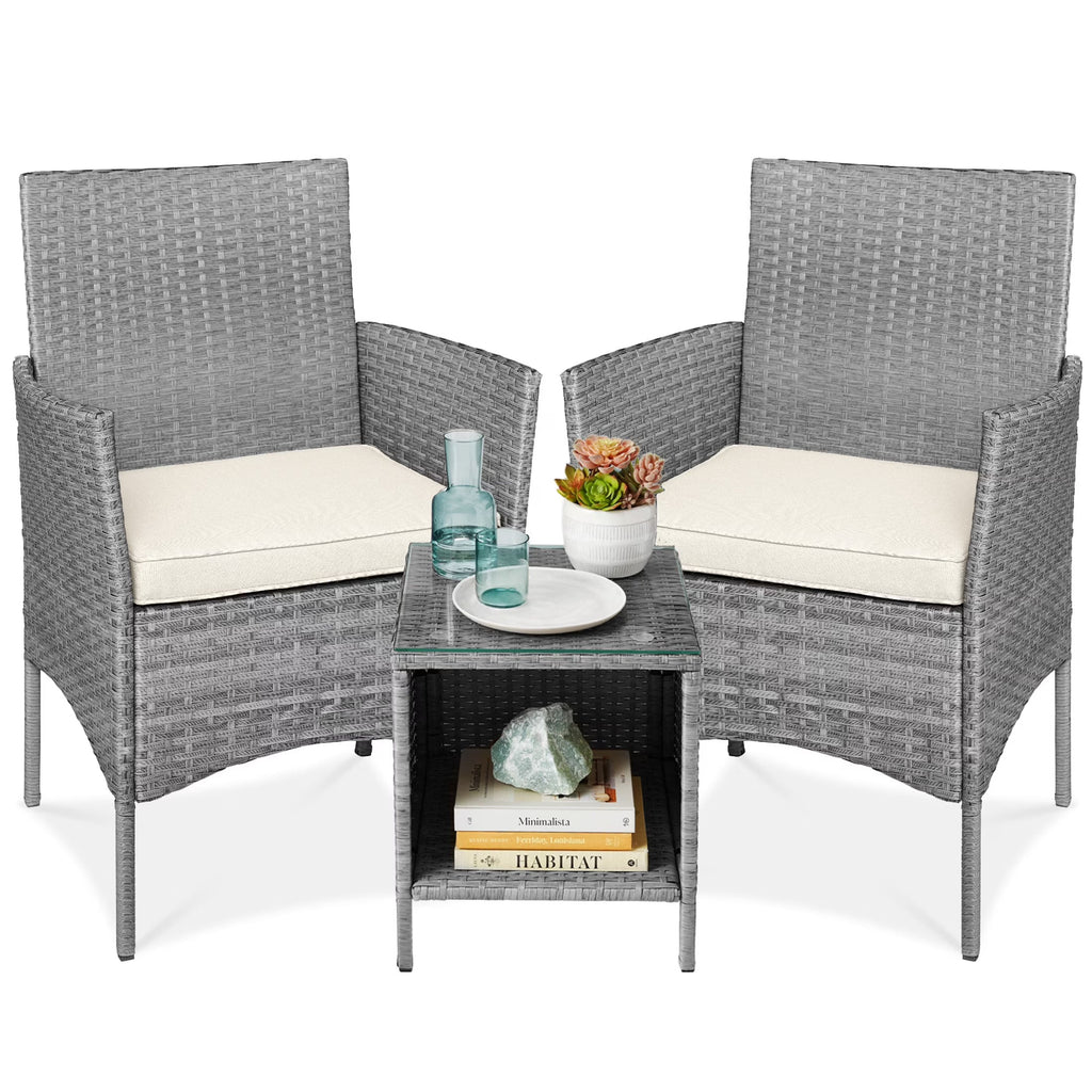 Best Choice Products 3-Piece Outdoor Wicker Conversation Patio Bistro Set, w/ 2 Chairs, Table - Gray/Navy