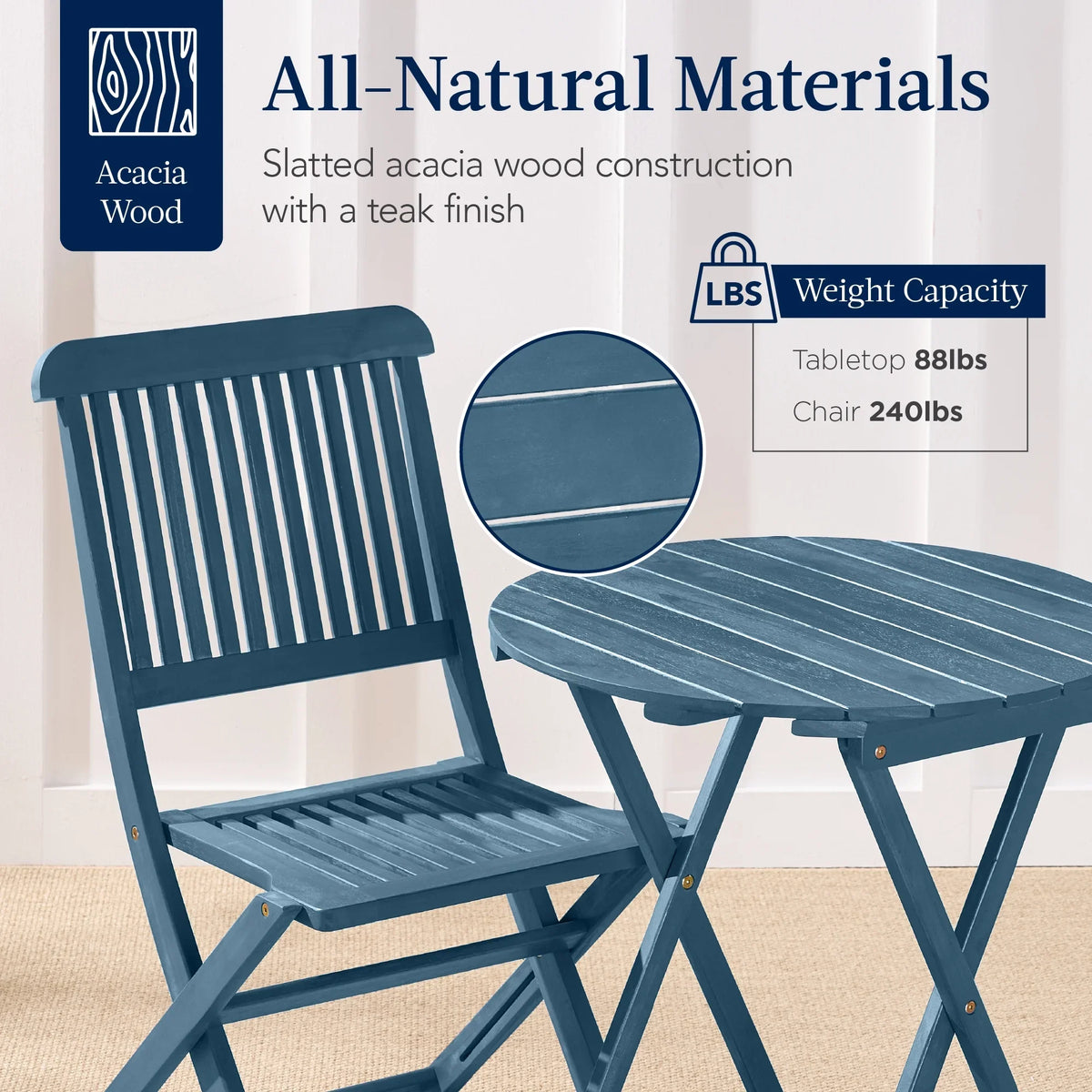 Best Choice Products 3-Piece Acacia Wood Bistro Set, Folding Patio Furniture w/ 2 Chairs, Table - Natural