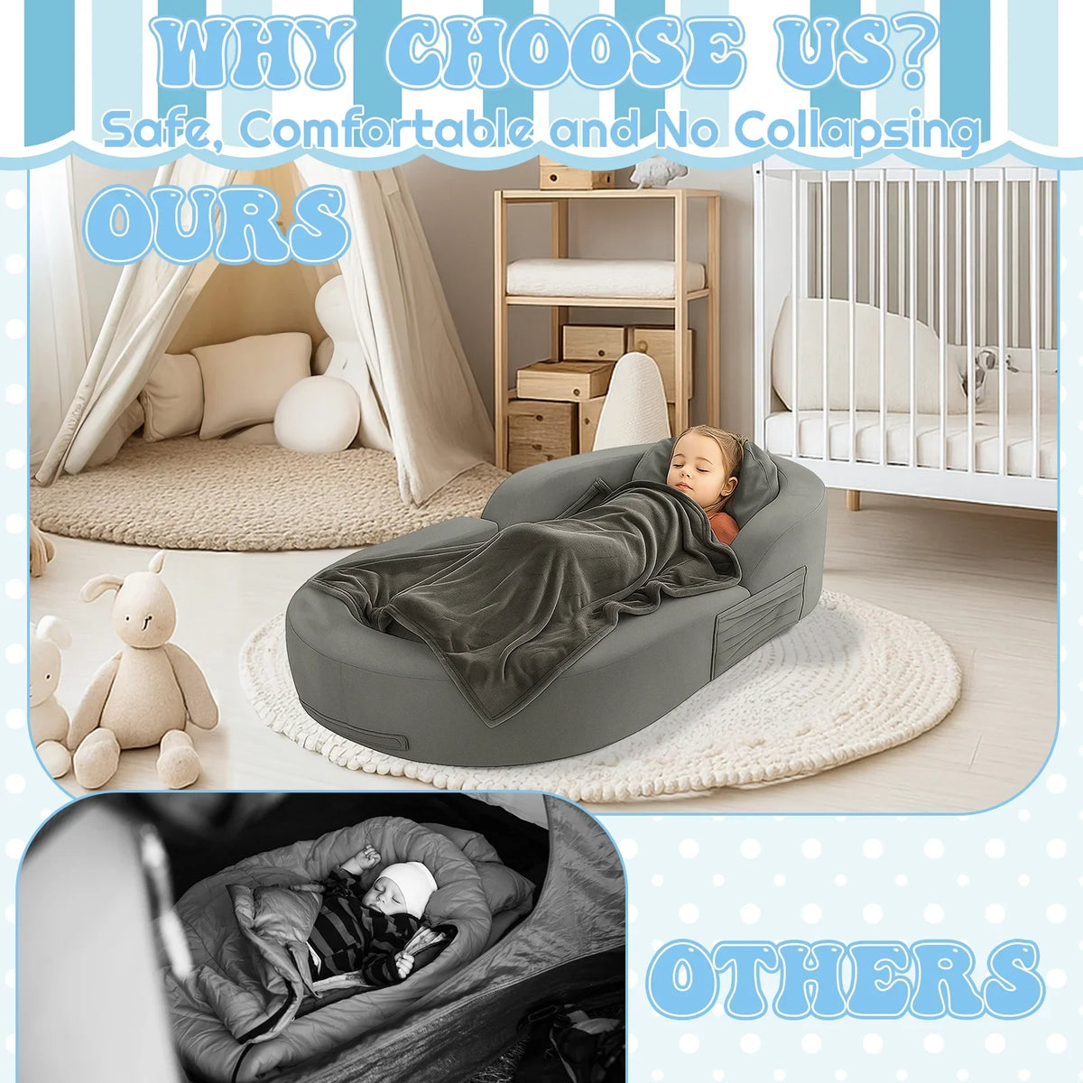 Coumy Toddler Travel Bed 2-in-1 Kids Sofa Chair with Removable Cover, Soft Foam Portable Foldable Toddler Bed for Travel with Carrying Bag, Blue