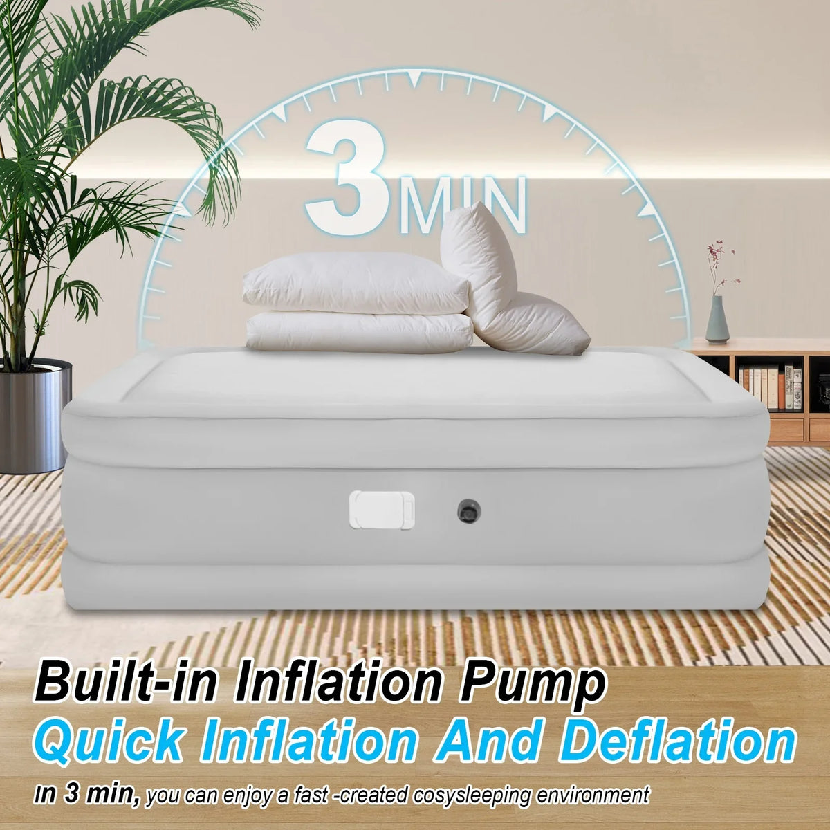 Air Mattress Queen with Built in Pump,Blow Up Mattress with Fiber-Tech, Inflatable Camping Bed, 3-Min Self Inflating with Carrying Bag (18��White Grey)