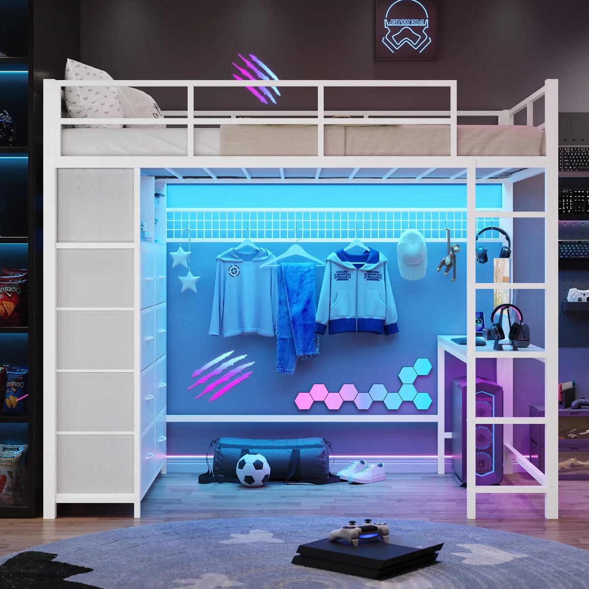 Afuhokles Twin Size Loft Bed with Desk and 8 Storage Drawers and Charging Station, Metal Loft Bed Twin with LED Lights, Storage Shelves, Black