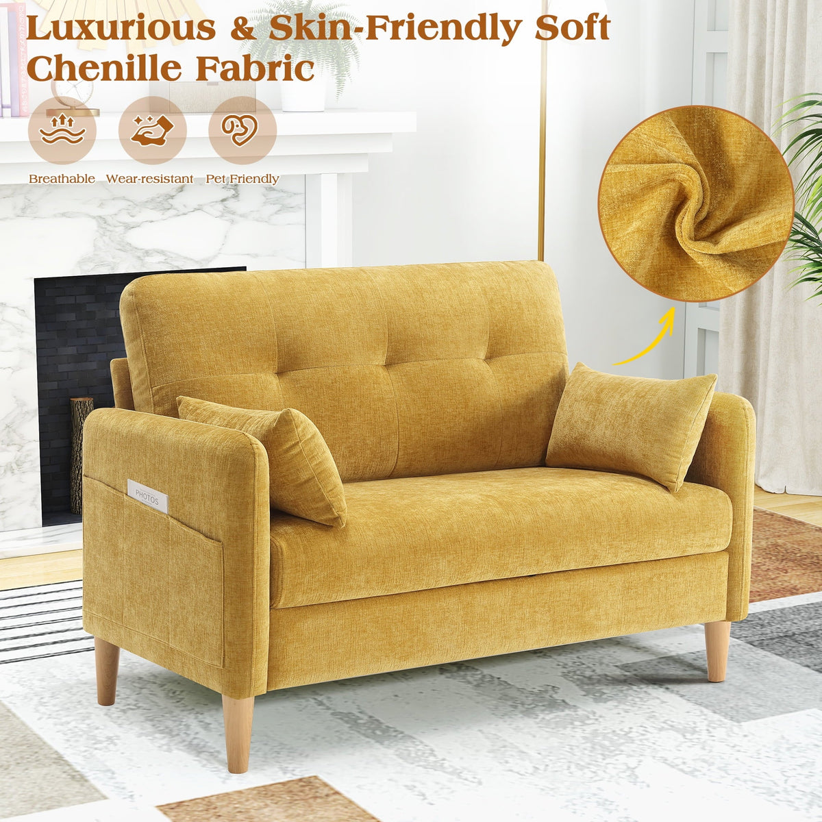 BedLuxury 47'' Wide LoveSeat, 2-seat Chenille sofa with 2 Pillows for Living Room and Small Spaces, Dark Grey