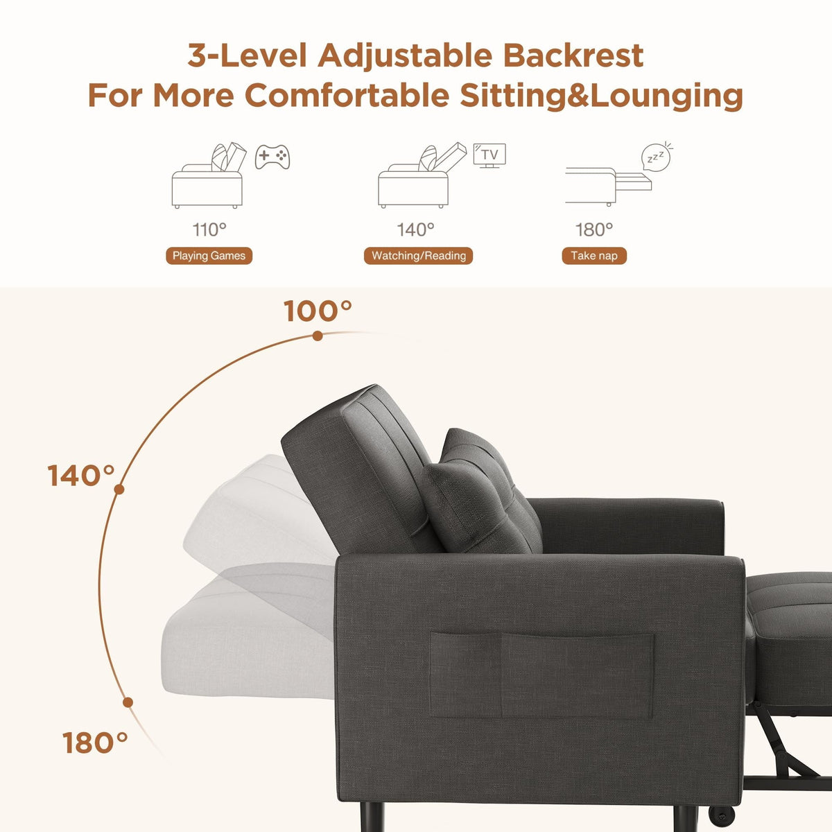 Convertible Sofa Bed, 73.6'' 3 in 1 Sleeper Chair Bed with Adjustable Backrest, Dark Gray