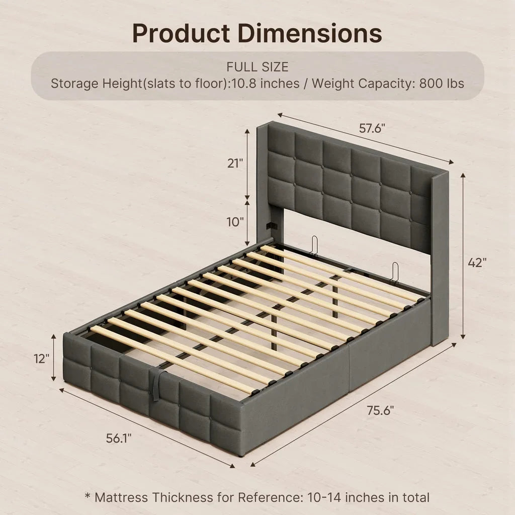 Aiho Full Lift Up Storage Bed, Full Size Bed Frame with Big Underneath Storage & Modern Wingback Headboard & No Box Spring Needed - Gray