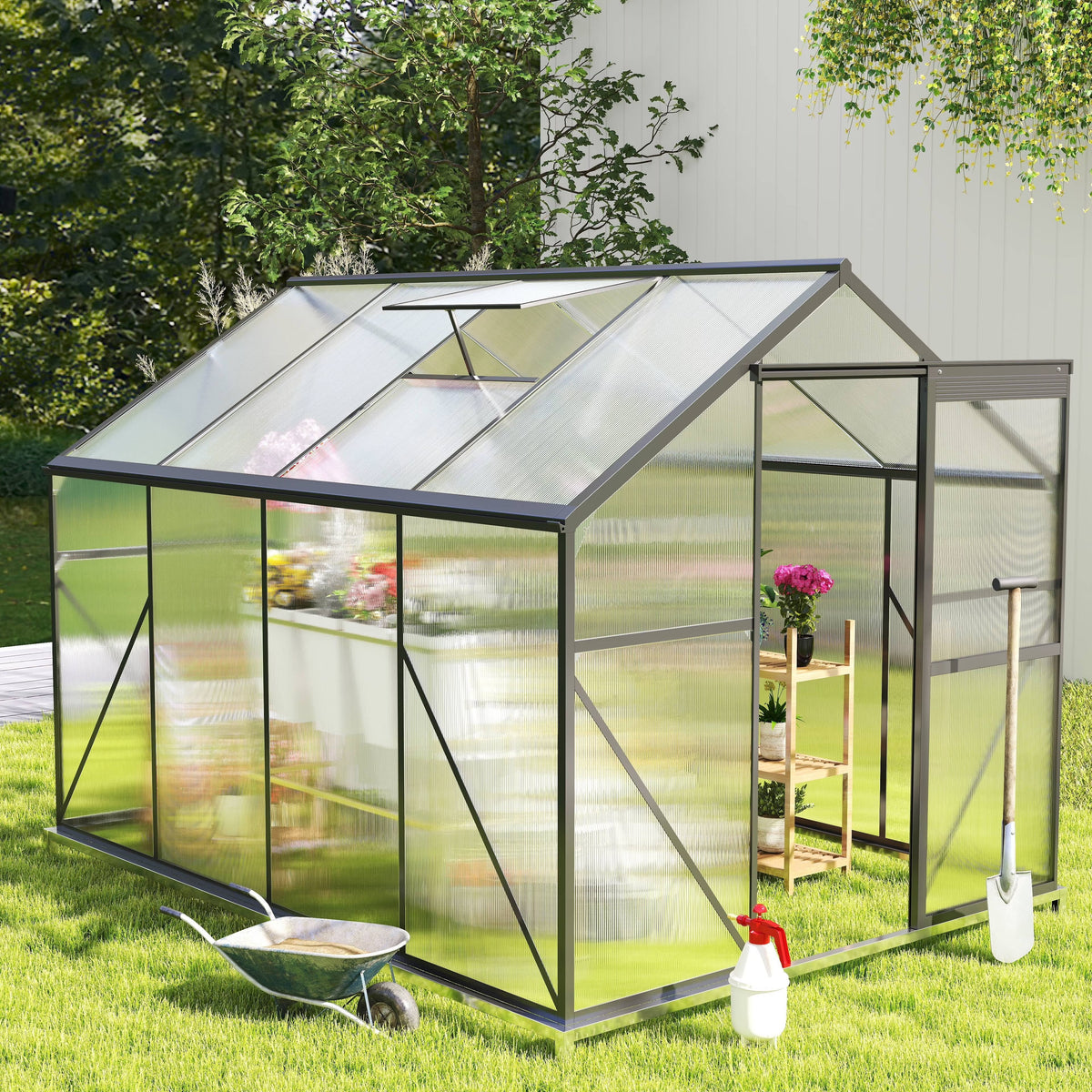 Asofer 6' x 4' Greenhouse for Outdoors, Aluminum Walk-in Green Houses shed with Rain Gutter and Roof Vent for Backyard