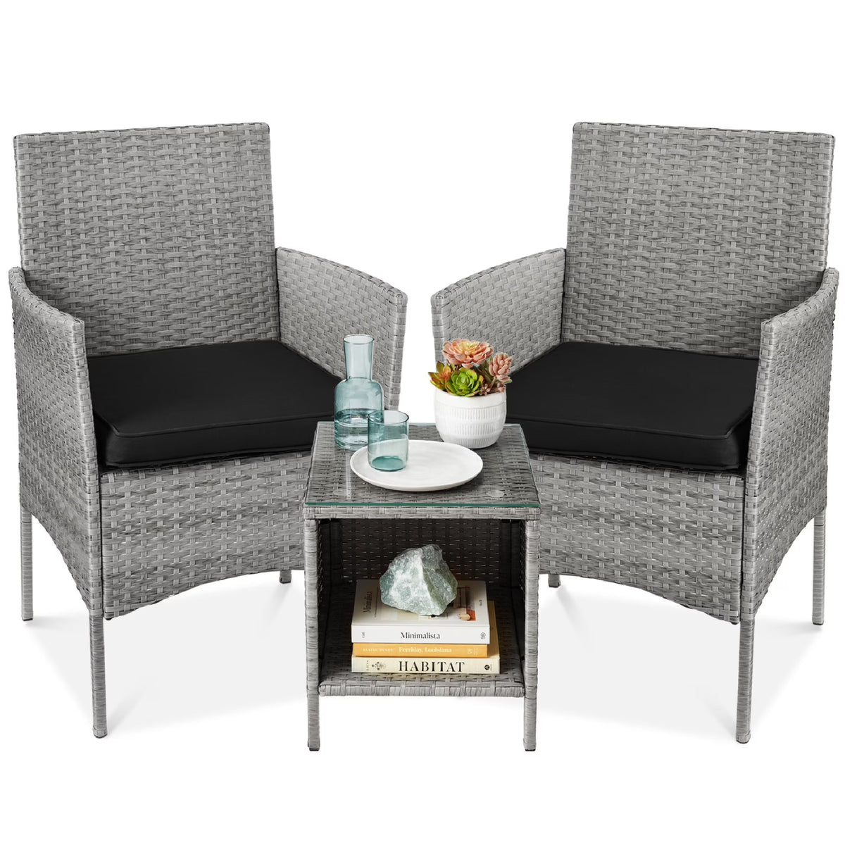 Best Choice Products 3-Piece Outdoor Wicker Conversation Patio Bistro Set, w/ 2 Chairs, Table - Gray/Navy