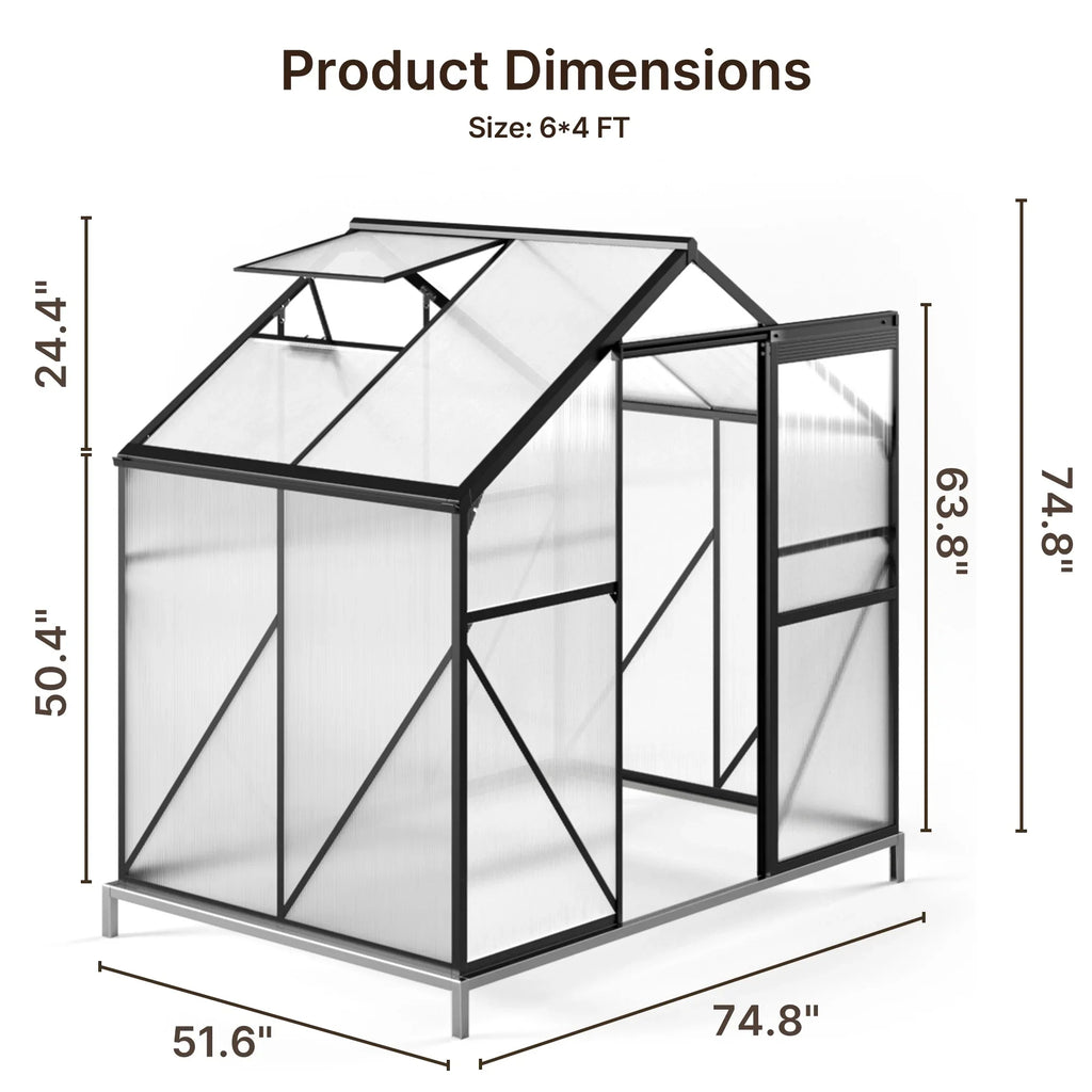 Asofer 6' x 4' Greenhouse for Outdoors, Aluminum Walk-in Green Houses shed with Rain Gutter and Roof Vent for Backyard