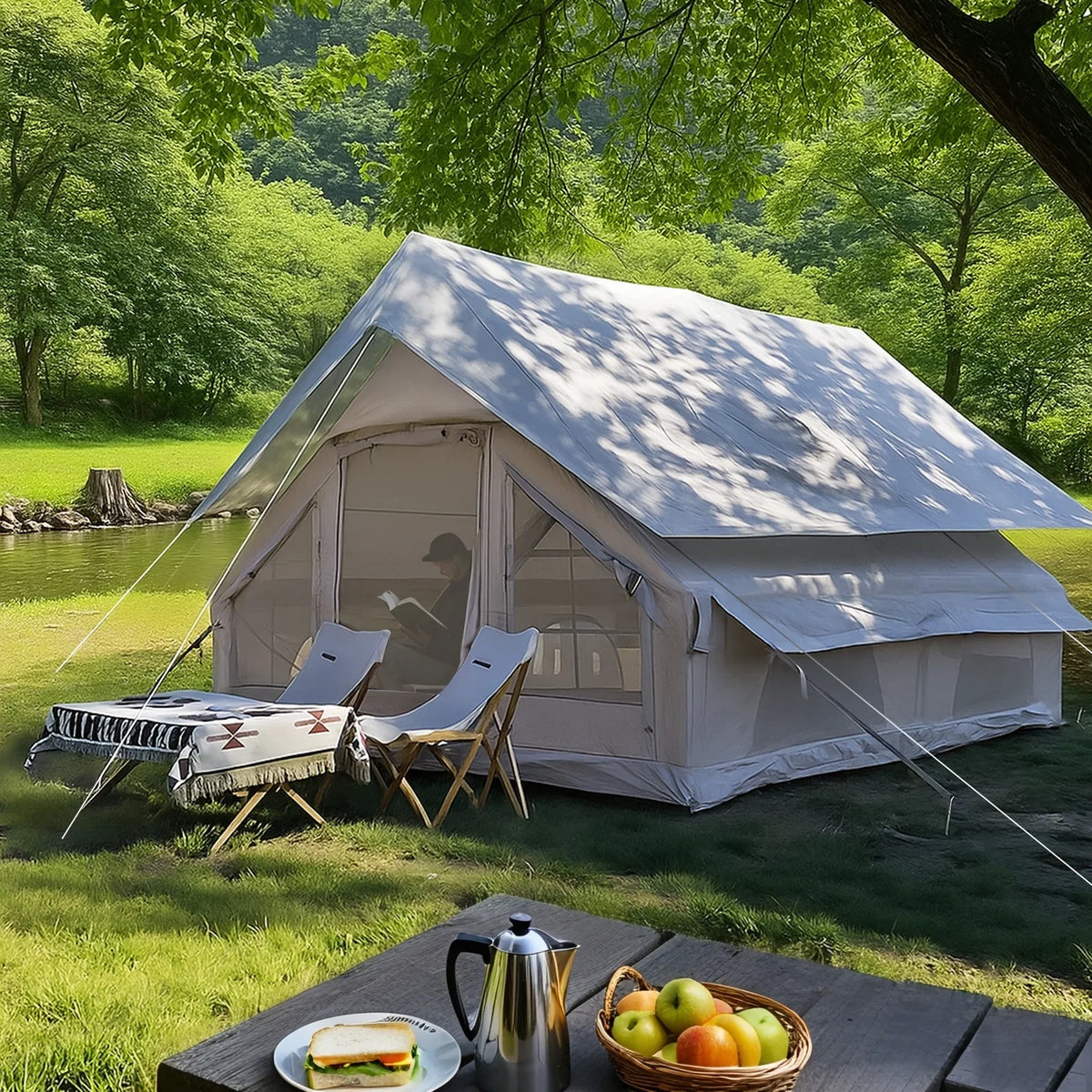 9.8' x 7' Inflatable Camping Tent,4 Season Blow up Tents for Camping, 4-6 Person Inflatable Tent with Stove Jack,Air Tents,Glamping Tent,Waterproof Luxury House with Mesh Window