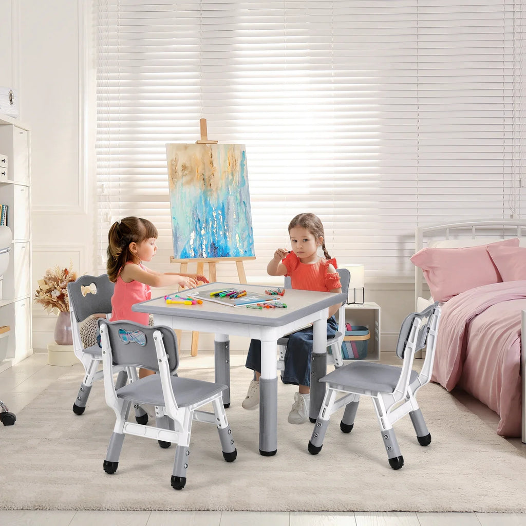 Arlopu 5 Pcs Kids Table and Chairs Set, Height Adjustable, Toddlers Activity Table & 4 Chairs Set for Study, Grey