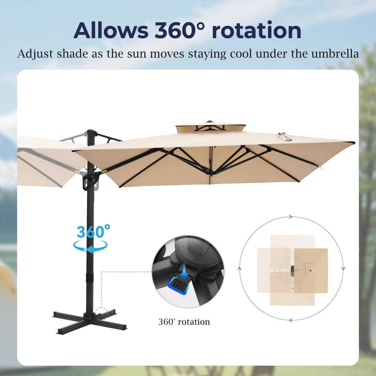 Alpha Joy 12x9ft Outdoor Patio Umbrella Large Rectangle Offset Cantilever Double Umbrella with 360°Rotation, Beige