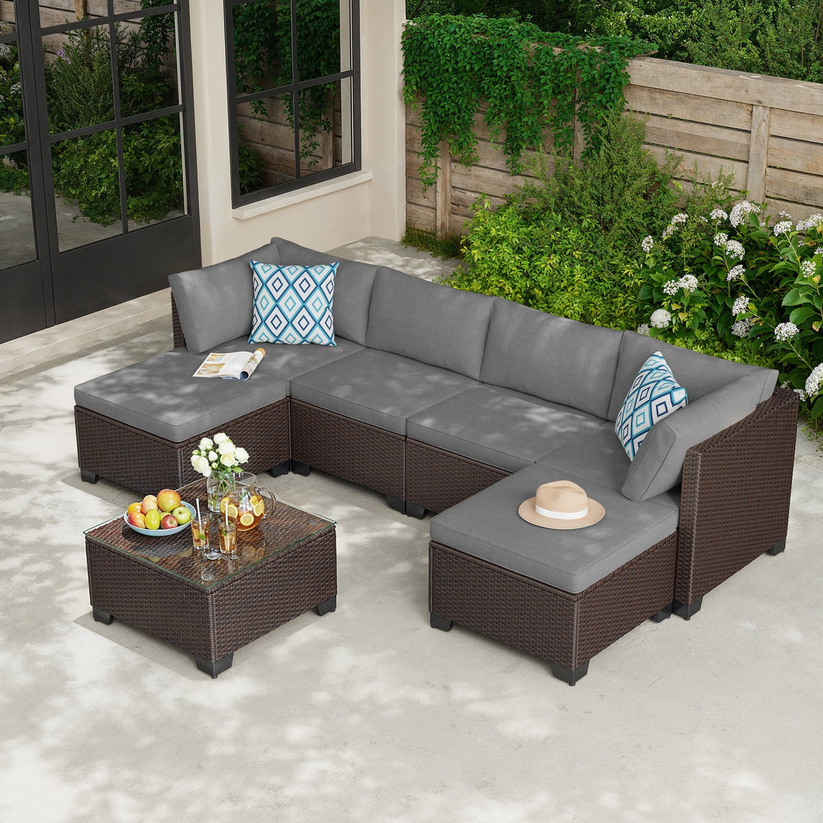 Aiho 7-Piece Rattan Patio Furniture Set , Outdoor Sectional Furniture Set for Patio, Garden, Backyard, Grey