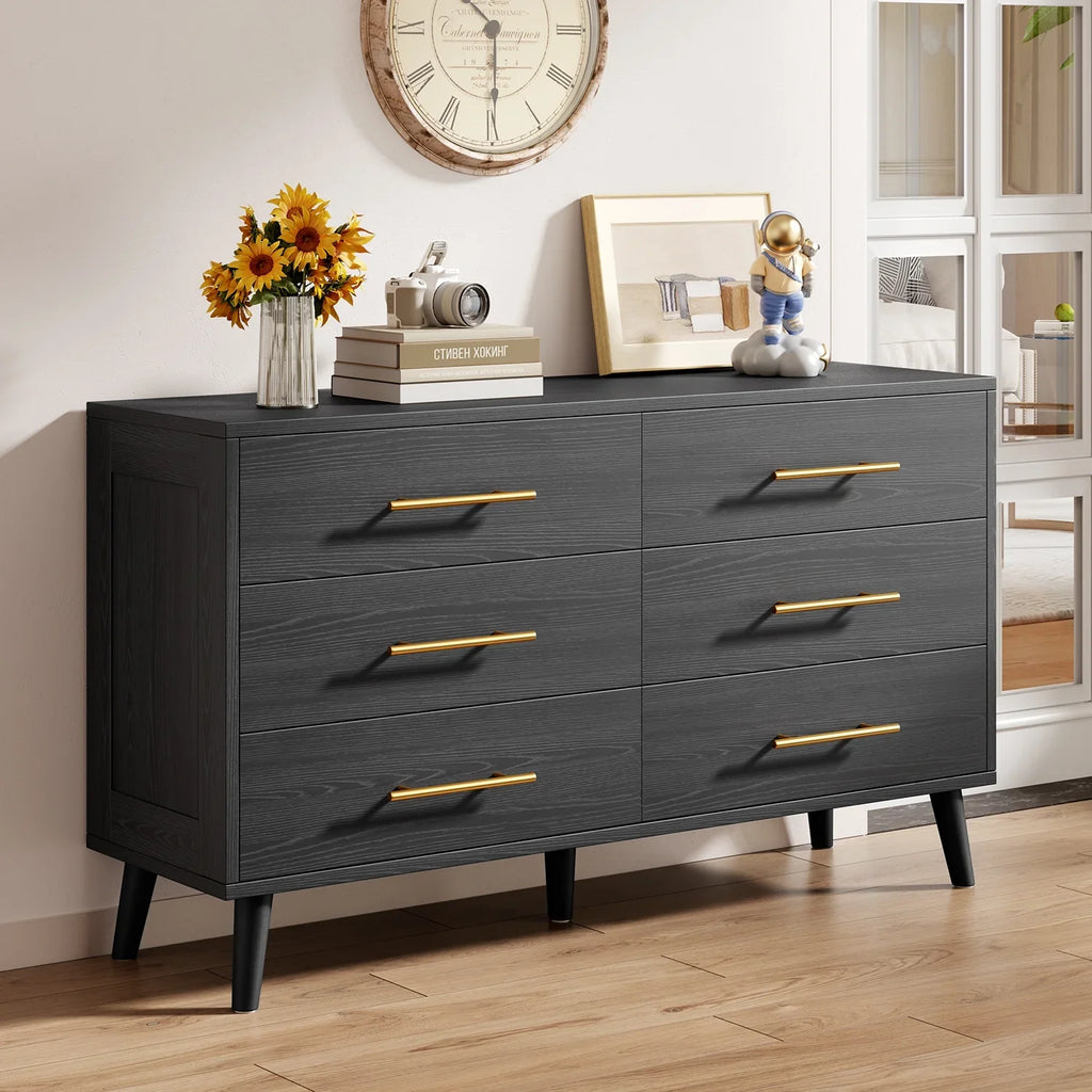 Bedroom Set - Includes Full Size Bed Frame (Dark Gray), Nightstands, 5-Drawer Dresser & Double Wide 6-Drawer Dresser - Modern Storage Solution for Stylish Home Decor, Black