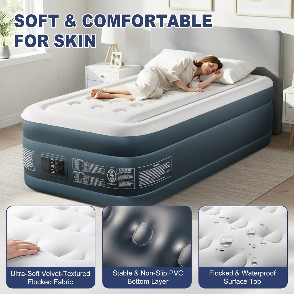 Zimtown 18" Twin Air Mattress with Two Chamber, Elevated Inflatable Bed with Built-in Pump, Protable Airbed for Outdoor Indoor Camping, Gray & White