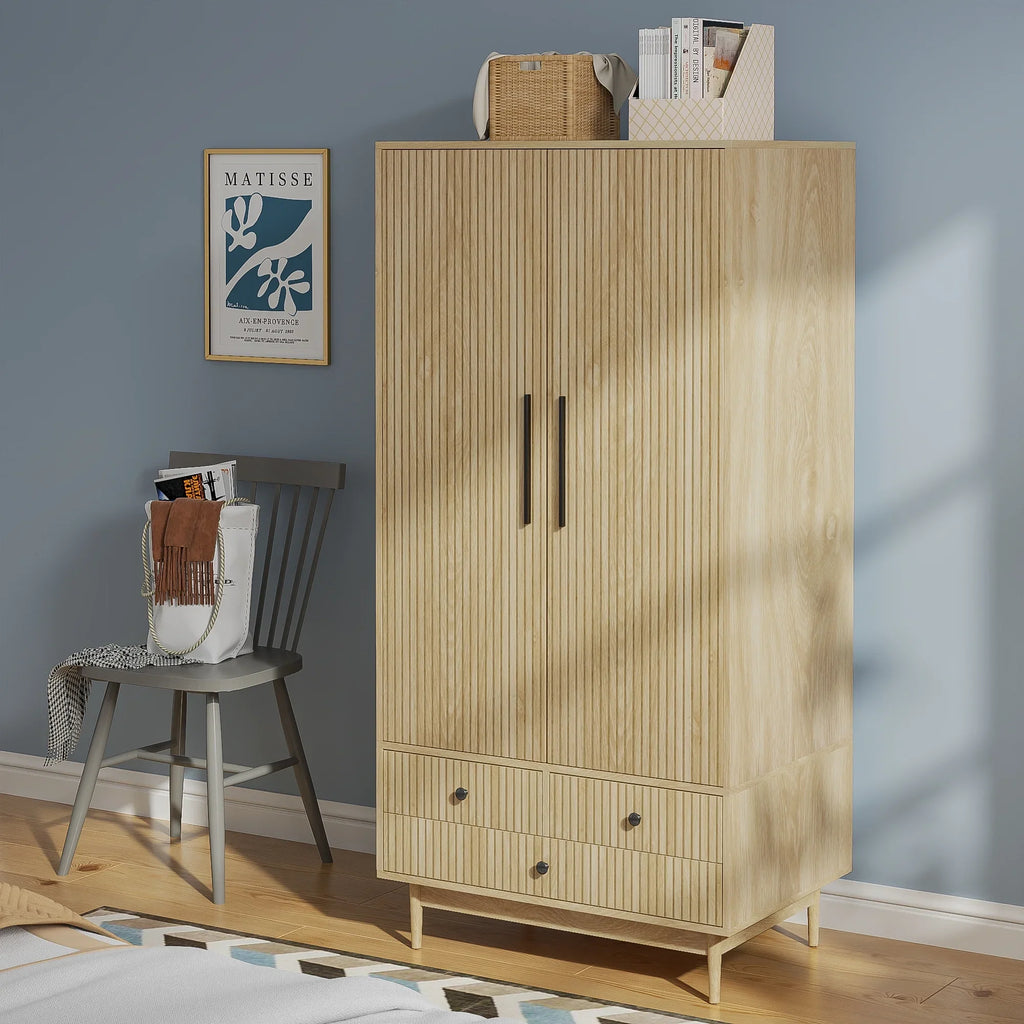 Armoire Wardrobe Closet, Closet Wardrobe Cabinet with Drawers and Hanging Rail for Bedroom, White