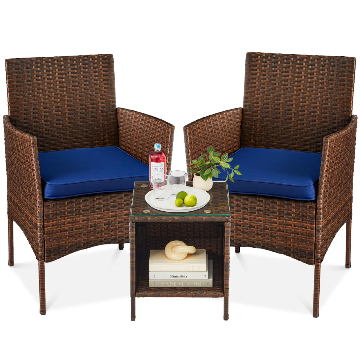 Best Choice Products 3-Piece Outdoor Wicker Conversation Patio Bistro Set, w/ 2 Chairs, Table - Gray/Navy