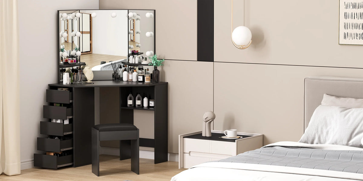 Danolapsi Corner Makeup Vanity Desk with Mirror and Lights,Bedroom Vanity Table with Lighted Mirror 5 Sliding Drawers and Storage Shelf for Women Girls(ship in 2 boxes)