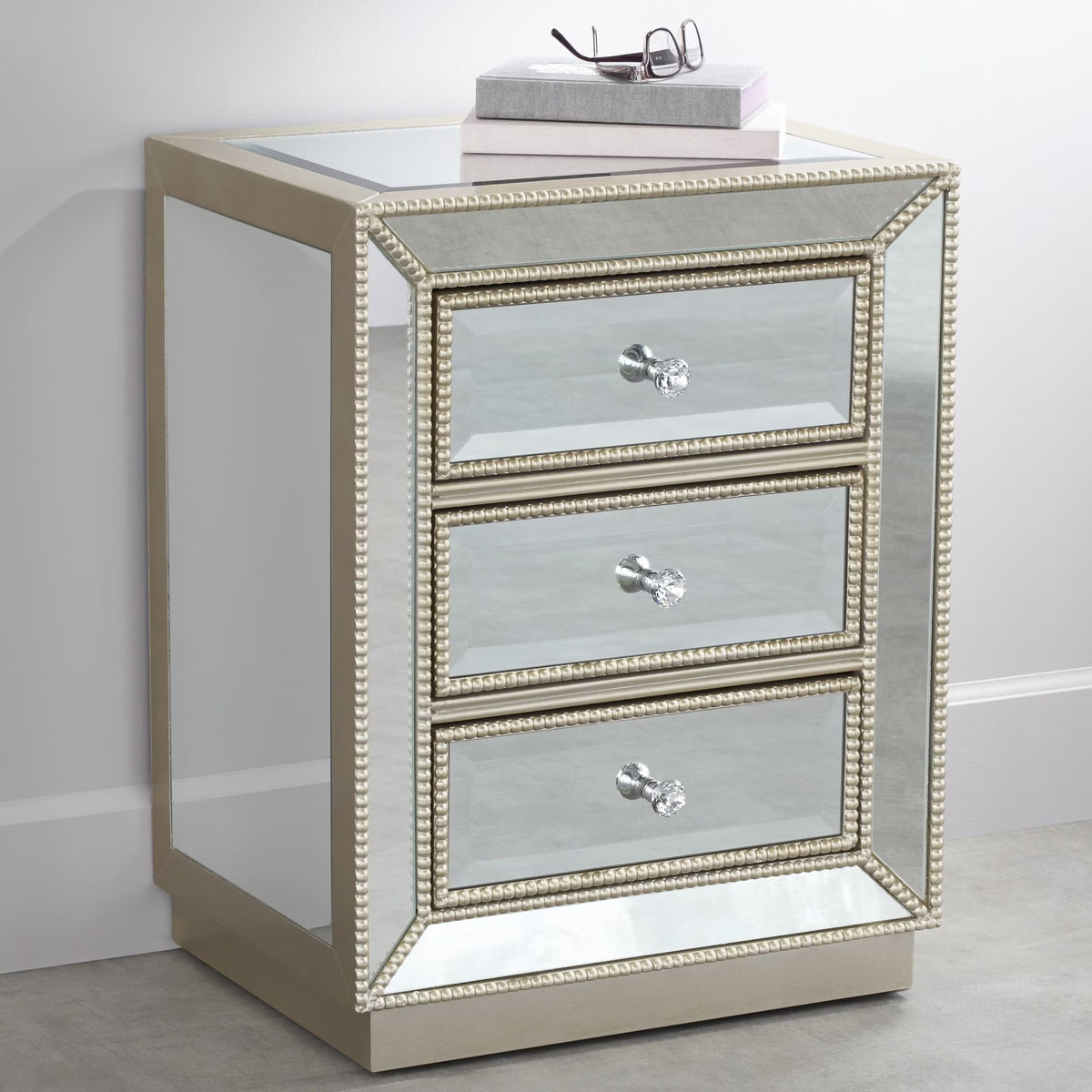Coast to Coast Accents Modern Antique Silver Mirrored Rectangular Accent Table 20" x 15" with 3-Drawer for Living Room Bedroom