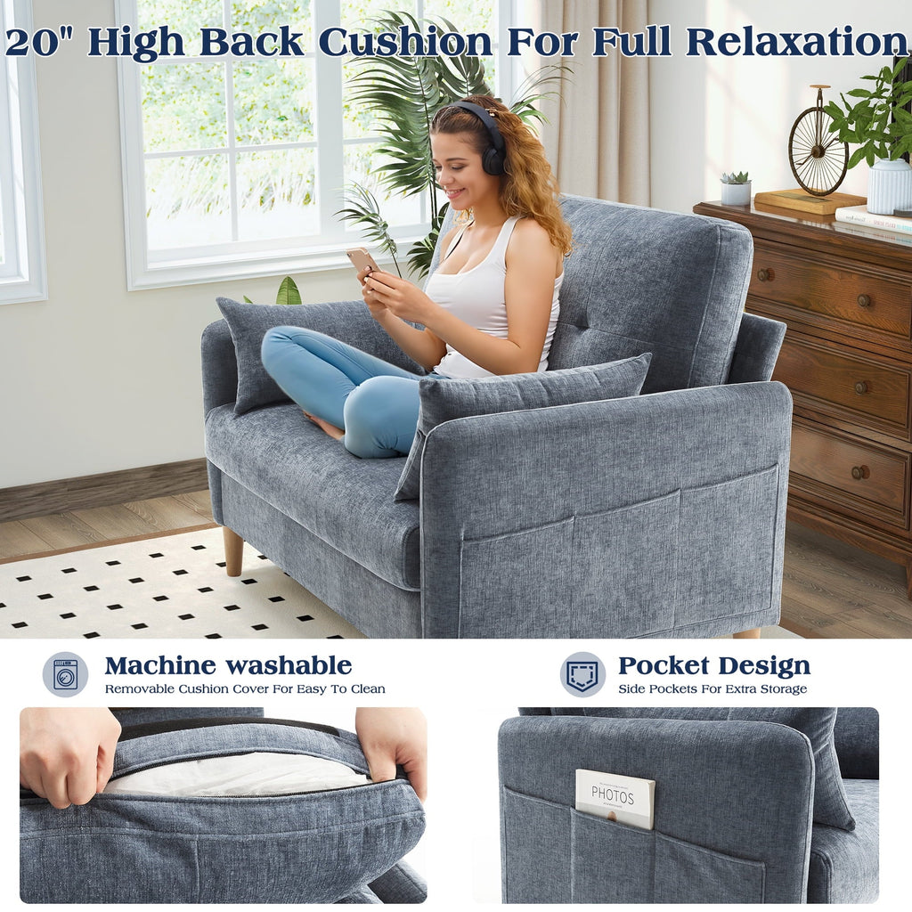 BedLuxury 47'' Wide LoveSeat, 2-seat Chenille sofa with 2 Pillows for Living Room and Small Spaces, Dark Grey