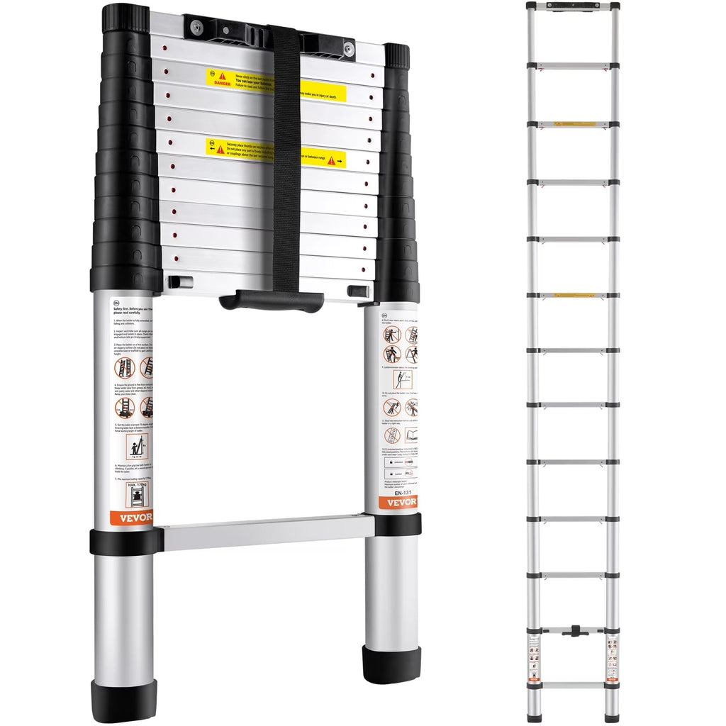 BENTISM 12.5 FT Telescoping Ladder, Aluminum Collapsible Ladder with One-Button Retraction,375 LB Capacity,ANSI Certified | Portable for Home, RV, Loft Use