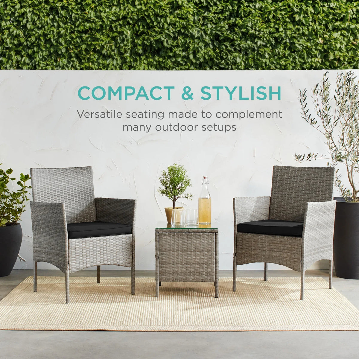 Best Choice Products 3-Piece Outdoor Wicker Conversation Patio Bistro Set, w/ 2 Chairs, Table - Gray/Navy