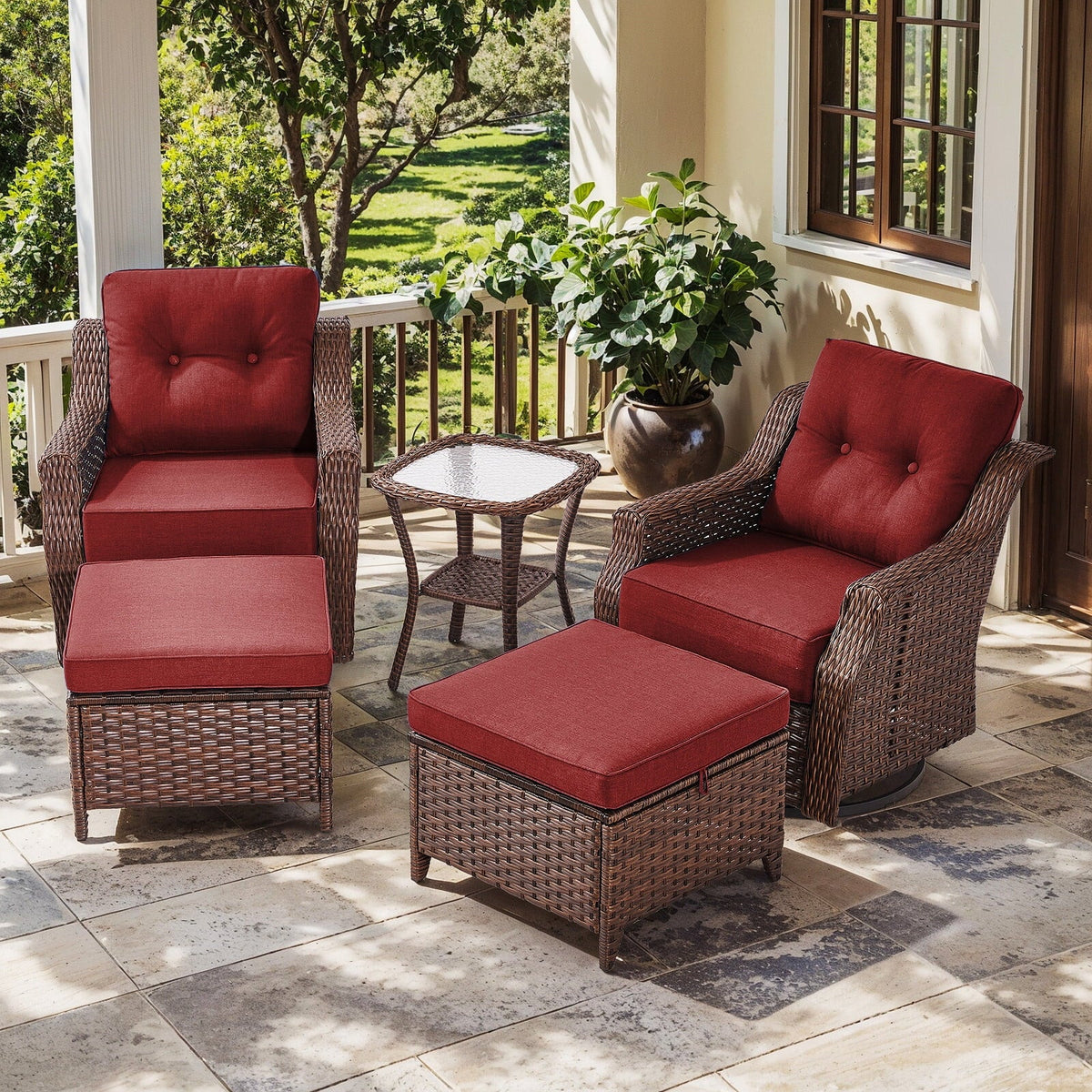 Bellefurn Outdoor Patio Furniture Set with Fire Pit and Swivel Rocker Chair,High-Back Wicker Outdoor Conversation Sets with 3 Seater Couch and Side Table Set for Porch,Deck,Garden