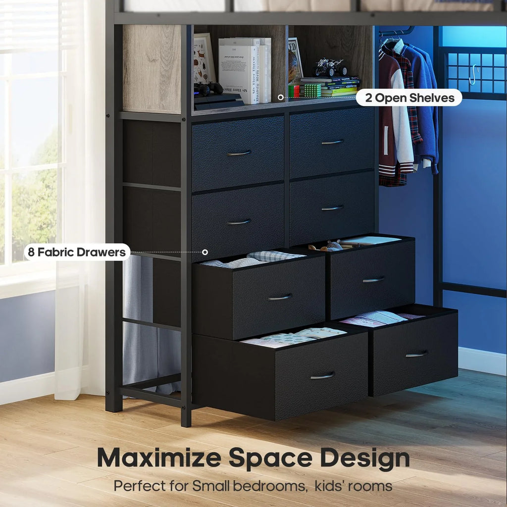 Afuhokles Twin Size Loft Bed with Desk and 8 Storage Drawers and Charging Station, Metal Loft Bed Twin with LED Lights, Storage Shelves, Black