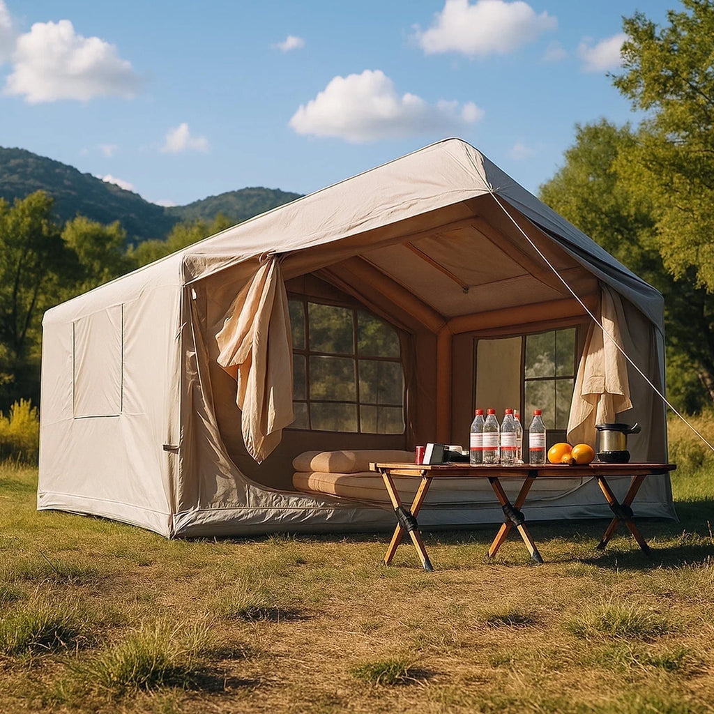 9.8' x 7' Inflatable Camping Tent,4 Season Blow up Tents for Camping, 4-6 Person Inflatable Tent with Stove Jack,Air Tents,Glamping Tent,Waterproof Luxury House with Mesh Window