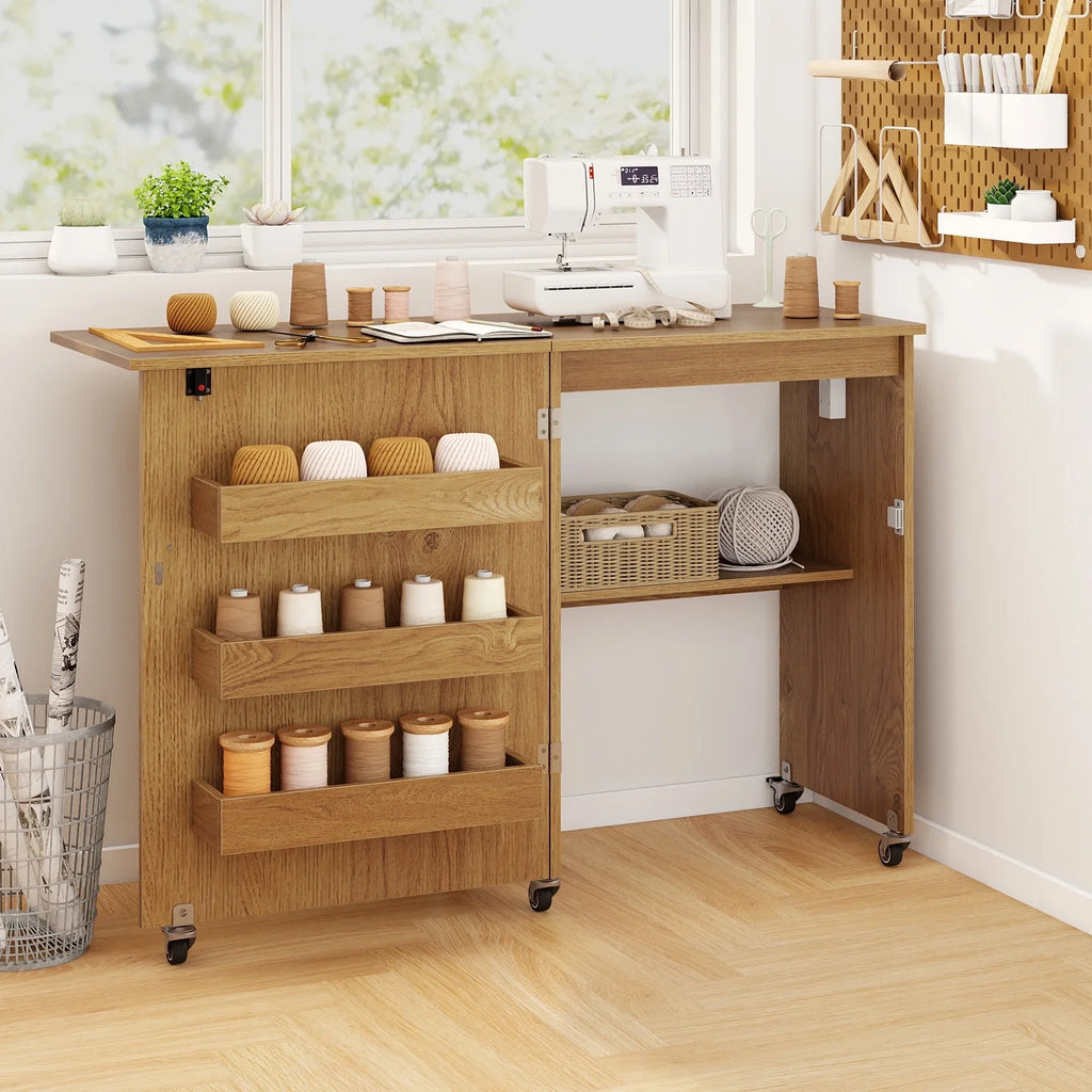 Costway Folding Sewing Table Rolling Craft Station with 3 Storage Bins & Charging Station White+natural