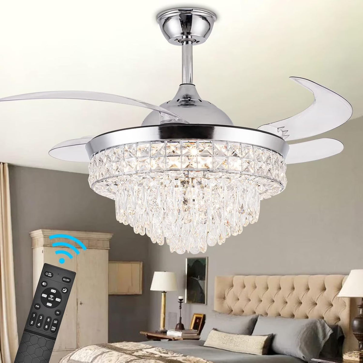 Datingday 42 Inch Crystal Ceiling Fan Golden Crystal Ceiling Fan Chandelier with Remote 6 Speeds 3 Colors Changes Lighting Fixture, 4 Blades Retractable Fans for Bedroom Living Room Dining Room