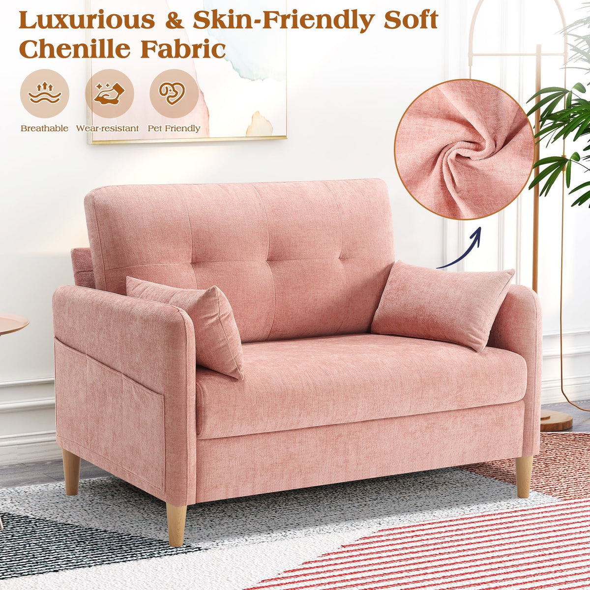 BedLuxury 47'' Wide LoveSeat, 2-seat Chenille sofa with 2 Pillows for Living Room and Small Spaces, Dark Grey