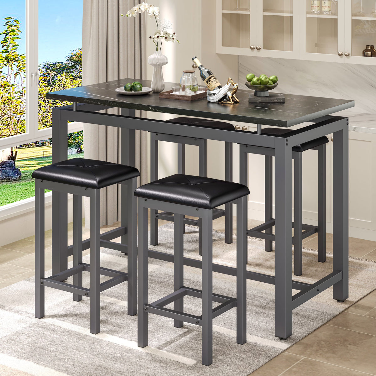 Counter Height Table Set of 5, Breakfast Bar Table and Stool Set, Minimalist Dining Table with Backless Stools, Wood Top Pub Table & Chair Set for Kitchen Apartment Bistro - Space Saving