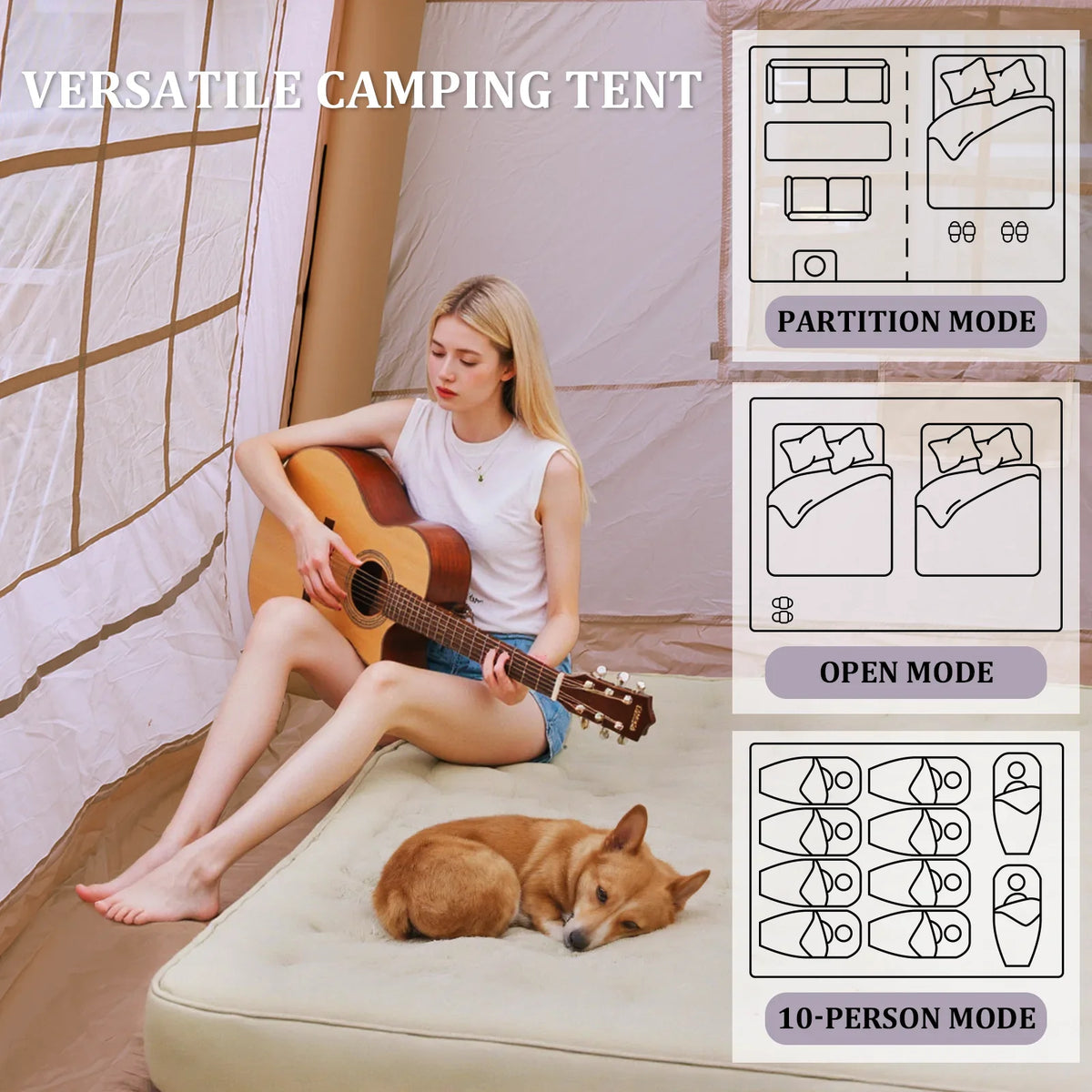 9.8' x 7' Inflatable Camping Tent,4 Season Blow up Tents for Camping, 4-6 Person Inflatable Tent with Stove Jack,Air Tents,Glamping Tent,Waterproof Luxury House with Mesh Window