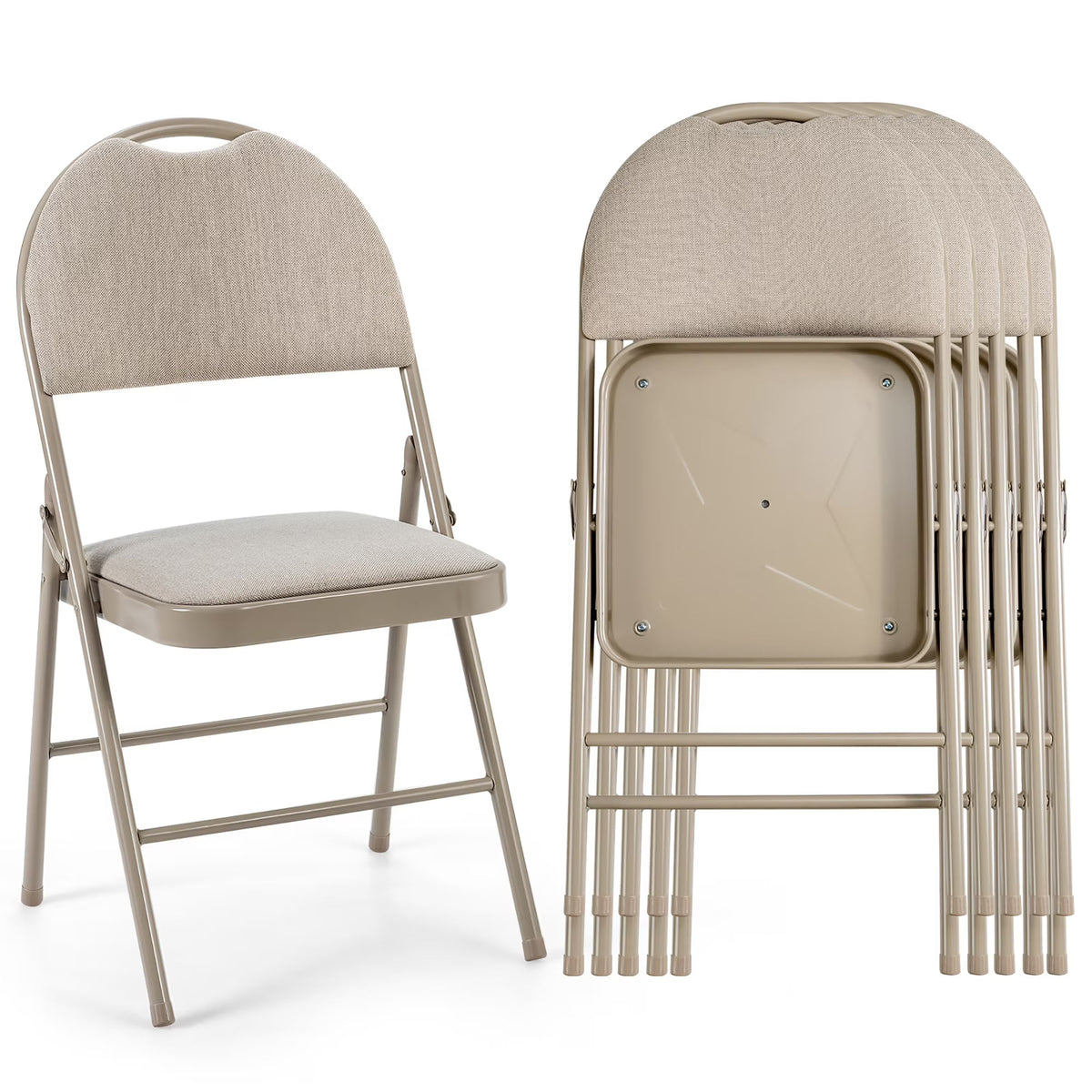 Costway Set of 6 Folding Chairs Fabric Upholstered Padded Seat Metal Frame Home Office Beige