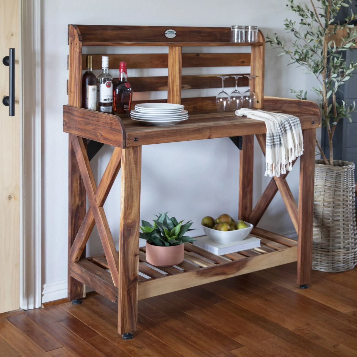 Backyard Discovery 47" Acacia Wood Garden Potting Bench & Serving Bar, Storage Shelf