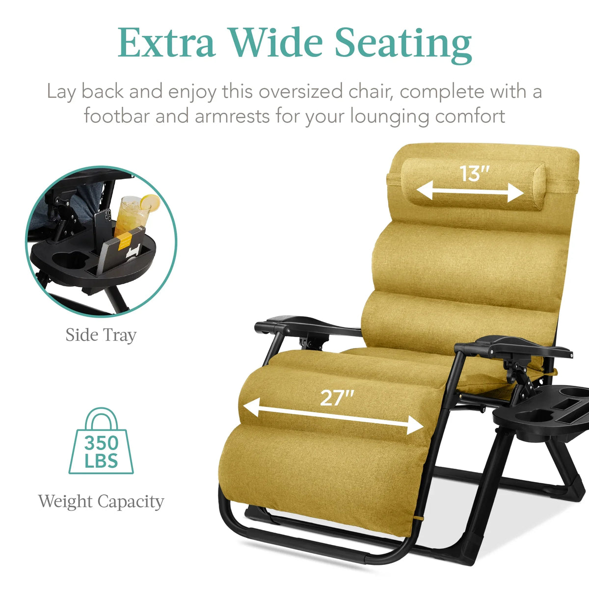 Best Choice Products Oversized Zero Gravity Chair, Folding Recliner w/ Removable Cushion, Side Tray - Fossil Gray