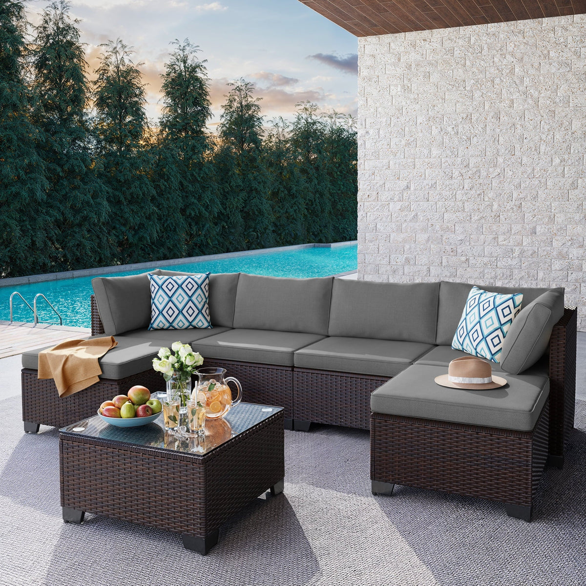 Aiho 7-Piece Rattan Patio Furniture Set , Outdoor Sectional Furniture Set for Patio, Garden, Backyard, Grey