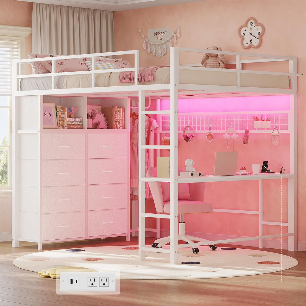 Afuhokles Twin Size Loft Bed with Desk and 8 Storage Drawers and Charging Station, Metal Loft Bed Twin with LED Lights, Storage Shelves, Black