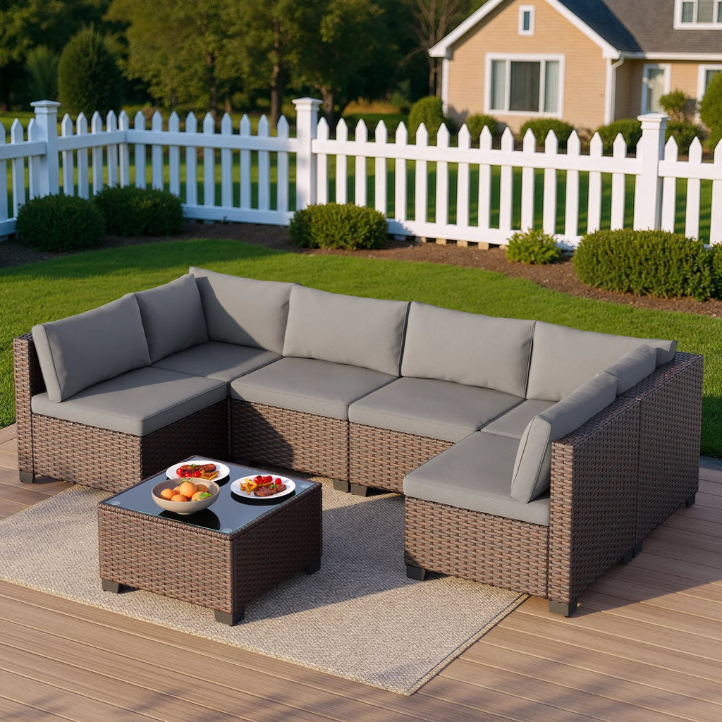 Aiho 7-Piece Rattan Patio Furniture Set , Outdoor Sectional Furniture Set for Patio, Garden, Backyard, Grey