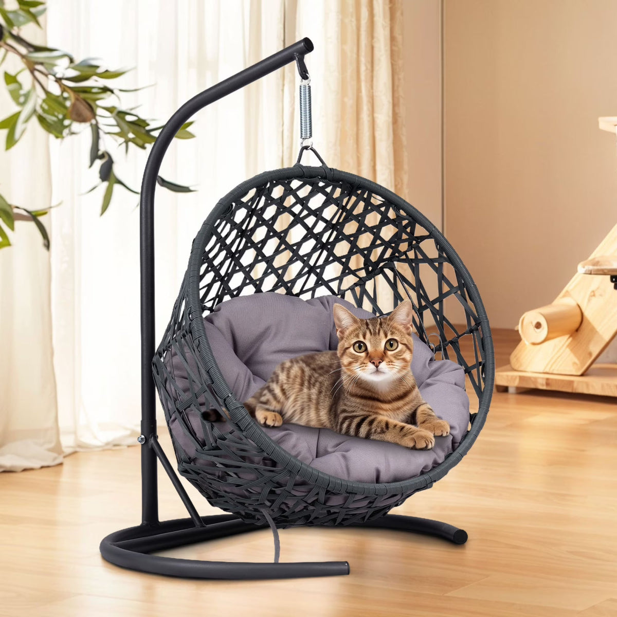 Cat Swing Bed with Stand & Cushion, Cat Egg Chair with Rattan Wicker Appearance, Indoor Hanging Swinging Cat Bed