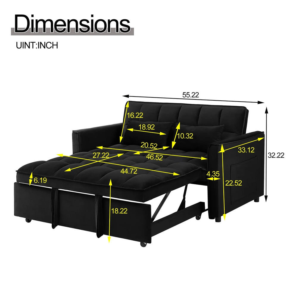 Convertible Sofa Bed,3-in-1 Sleeper Sofa with Pull Out Bed,Sleeper Futon Couch Loveseat with Adjsutable Backrest and Pillows for Living Room,Black