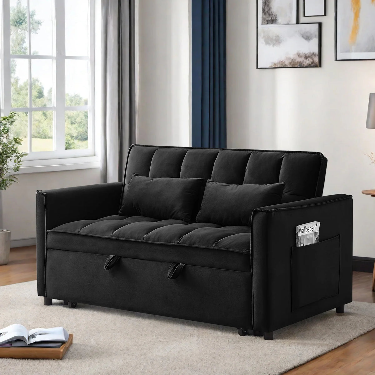 Convertible Sofa Bed,3-in-1 Sleeper Sofa with Pull Out Bed,Sleeper Futon Couch Loveseat with Adjsutable Backrest and Pillows for Living Room,Black