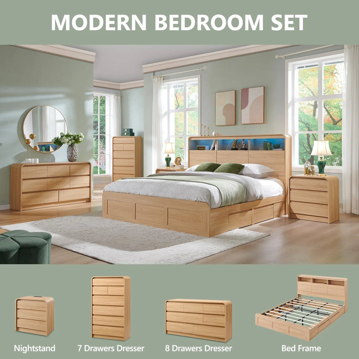 wow97e Modern 8 Drawers Dresser for Bedroom, 55" Wide Wood Chest of Drawers w/Curved Profile Design, for Bedroom, Living Room, Natural Oak