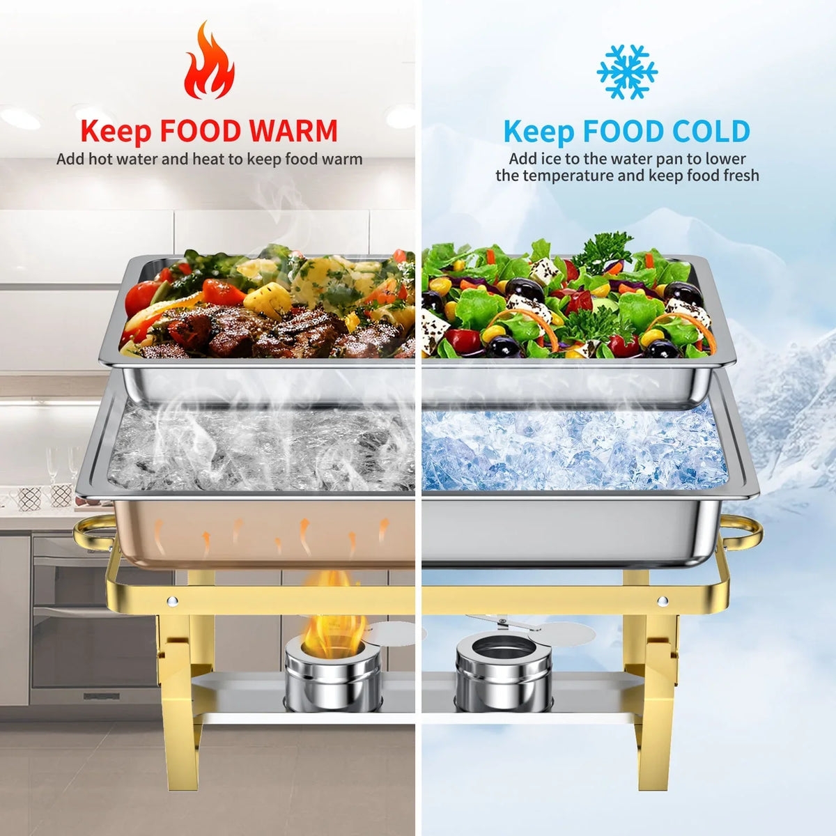 Chafing Dish Buffet Set 4 Pack: TINANA 8QT Stainless Steel Chafing Dishes for Buffet, Chafers and Buffet Warmers Sets for Parties, Events, Wedding, Camping, Dinner-Gold
