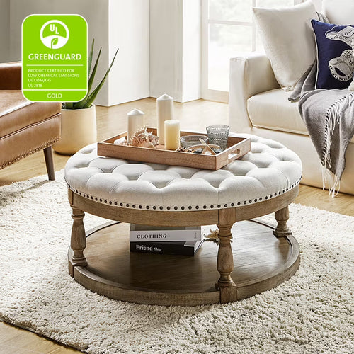 36'' Wide Blue Round Large Ottoman Tufted Coffee Table with Storage Wood Legs Home Living Room