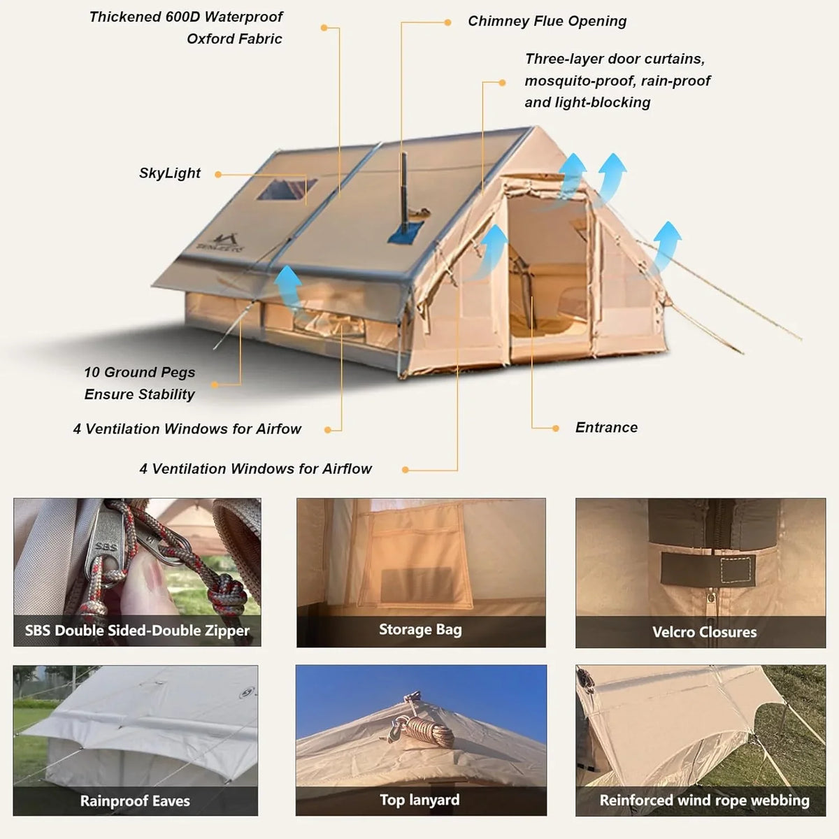 9.8' x 7' Inflatable Camping Tent,4 Season Blow up Tents for Camping, 4-6 Person Inflatable Tent with Stove Jack,Air Tents,Glamping Tent,Waterproof Luxury House with Mesh Window