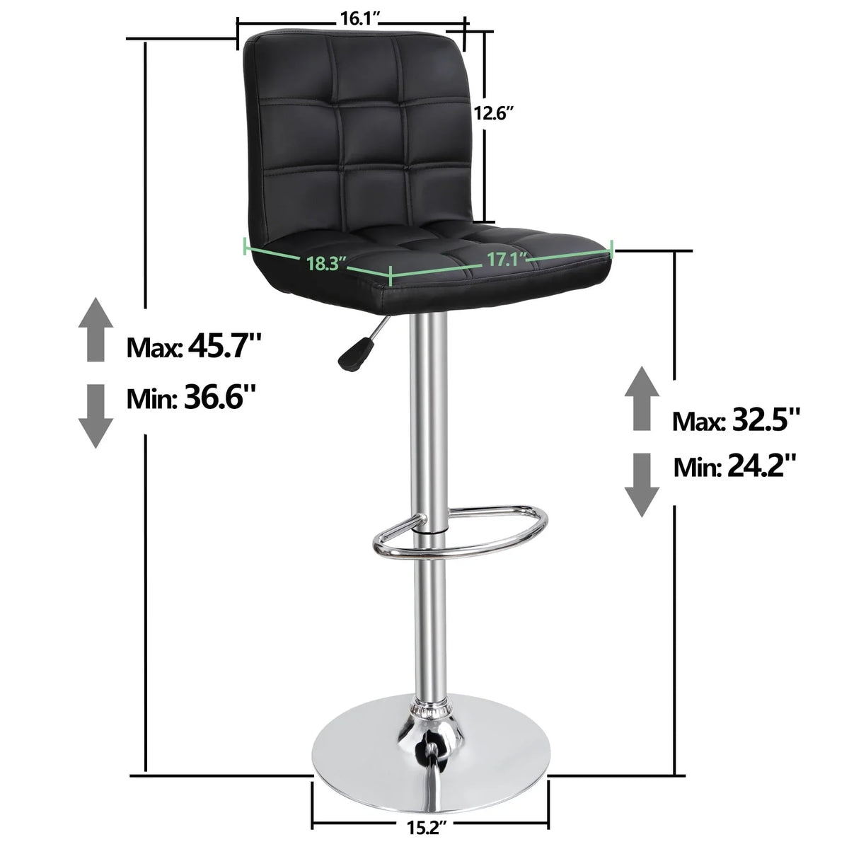 ZENY Set of 4 Bar Stool Soft Cushion Metal Frame 24-32" Swivel Chair, Black