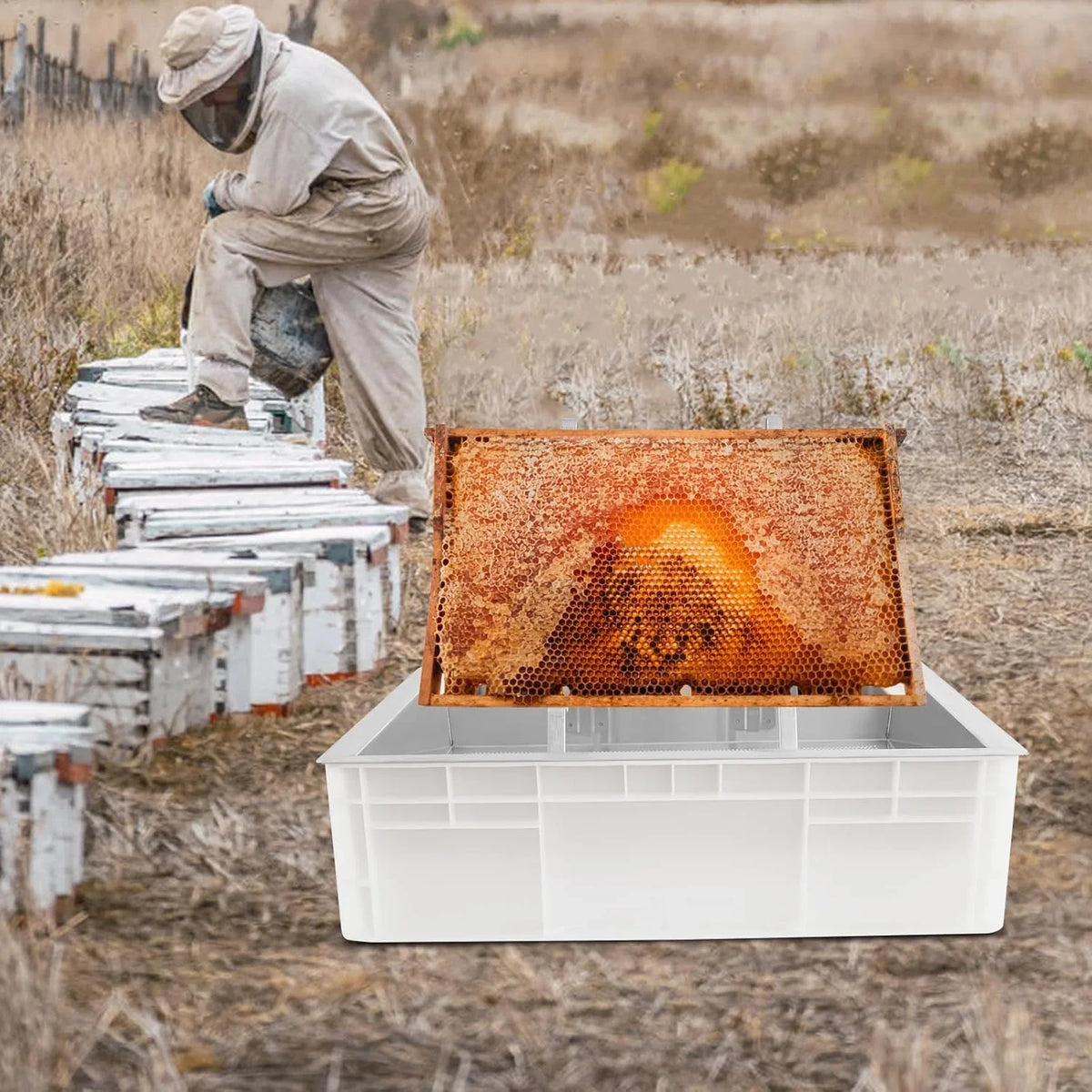 Beekeeping Uncapping Station for Honey Harvesting - Ergonomic Bee Frame Uncapping Tool with Stainless Steel Drip Tray & Food-Grade Plastic Tub,Honey Collection System,Professional Apiary Equipment