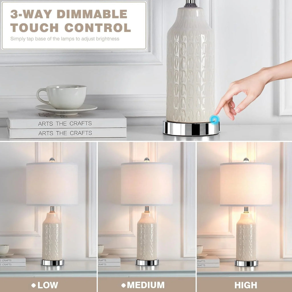 Cinkeda Table Lamp Set of 2 for Living Room Bedroom with USB Ports AC Outlet 3 Way Dimmable Touch Nightlight Farmhouse White Floral Nightstand Bedside Lamps
