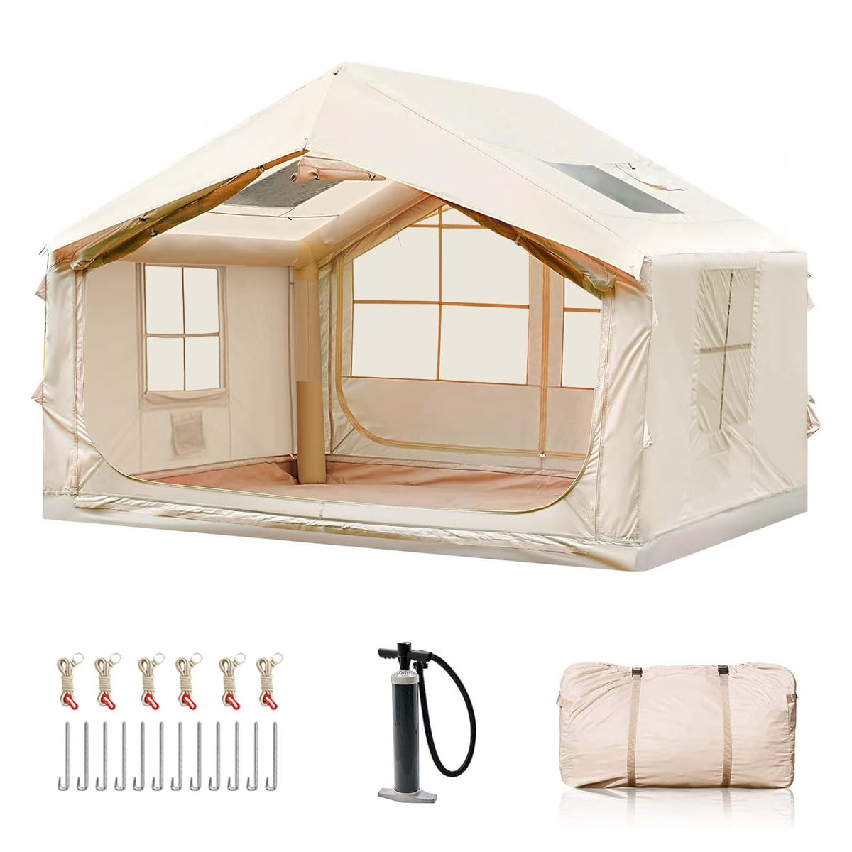 9.8' x 7' Inflatable Camping Tent,4 Season Blow up Tents for Camping, 4-6 Person Inflatable Tent with Stove Jack,Air Tents,Glamping Tent,Waterproof Luxury House with Mesh Window
